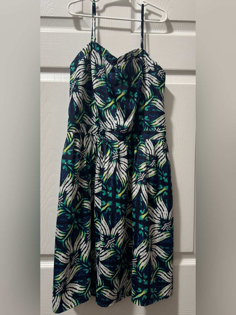GAP Navy Blue, White & Green Floral Fit-and-Flare Dress